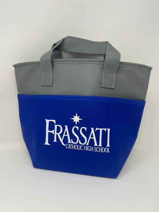 A gray and blue insulated tote bag with white printed text reading 'FRASSATI CATHOLIC HIGH SCHOOL' on the front